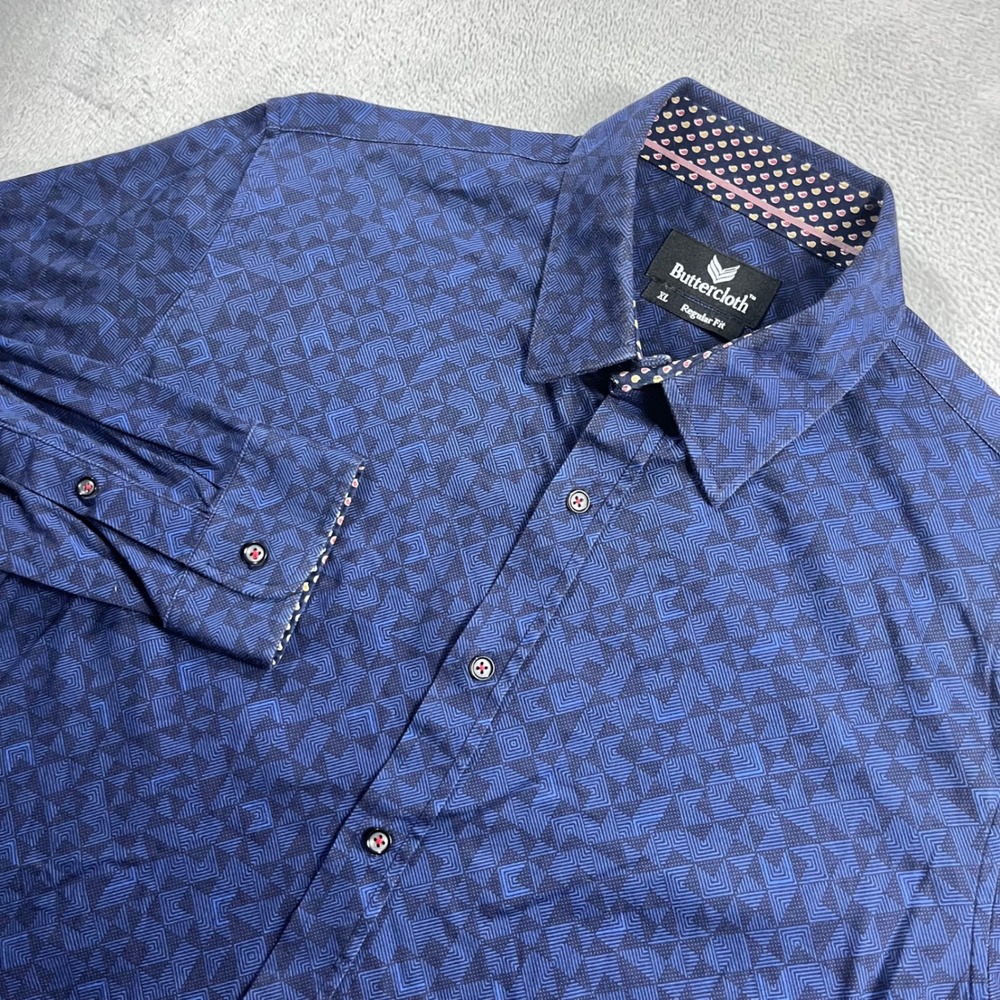 Buttercloth Mens XL Regular Fit Long Sleeve Button Down Shirt Blue Geometric